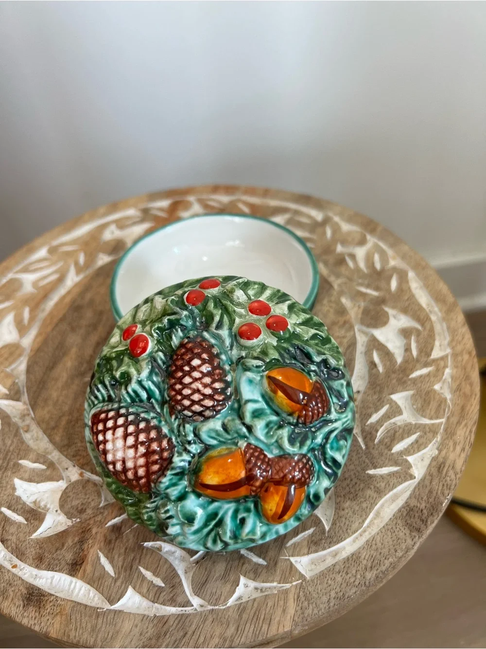 Pier One Ceramic Decorative Trinket Box with Green Glaze and Fruit Motif